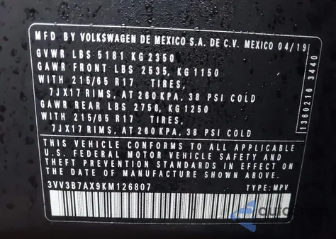 2019 Volkswagen Tiguan 2.0T Se/2.0T Sel/2.0T Sel R-Line/2.0T Sel R-Line Black z USA, uszkodzony, nr VIN 3VV3B7AX9KM126807